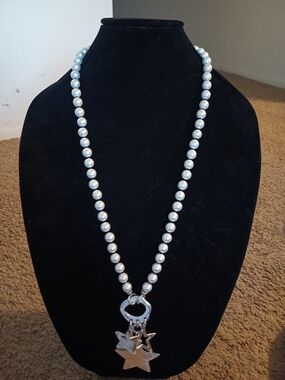 Pearl Bead Necklace with Silver Star Charms